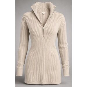 H&M Womens Sweater Dress S Fitted Ribbed Knit Wool Blend Ivory Quarter Zip Mini